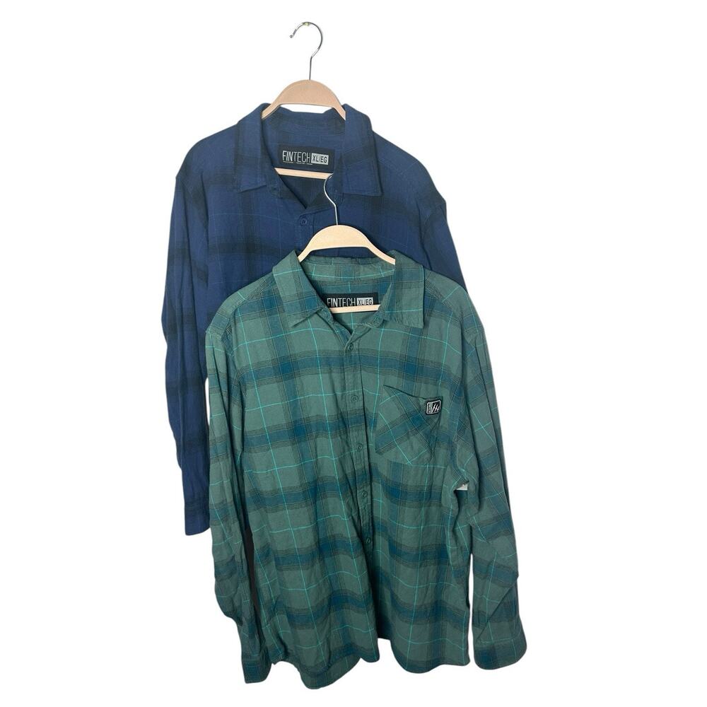 Fintech Mens XL Button Front Shirt Blue Plaid Flannel‎ Lot of 2 green